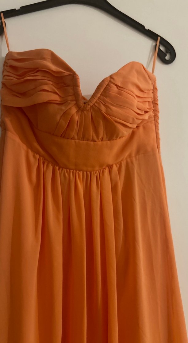 Askılı Turuncu Uzun Drapeli Abiye Elbise - Görsel 2