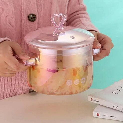 Diğer Pembe Kalp Figürlü Cam Tencere - 1500 ml