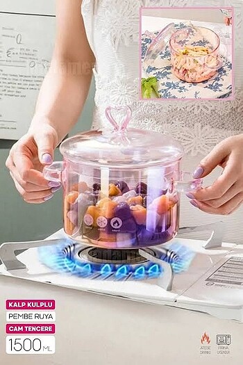 Beden Pembe Kalp Figürlü Cam Tencere - 1500 ml