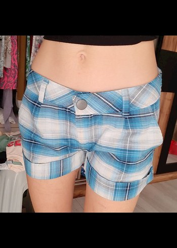 düşük bel vintage ekoseli şort - Görsel 4