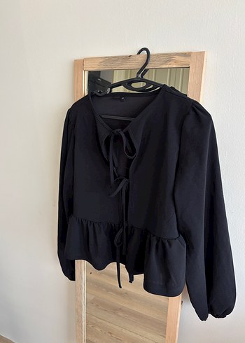 Siyah Bağcıklı V Yaka Denim Bluz - Görsel 2