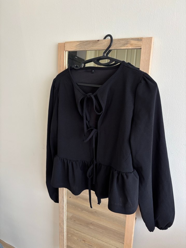 Siyah Bağcıklı V Yaka Denim Bluz - Görsel 2