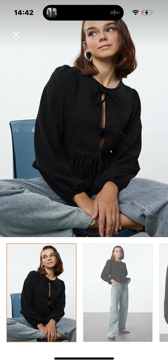 Siyah Bağcıklı V Yaka Denim Bluz - Görsel 3