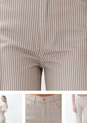 Düğmeli Çizgili Bej Kadın Jean - Görsel 2