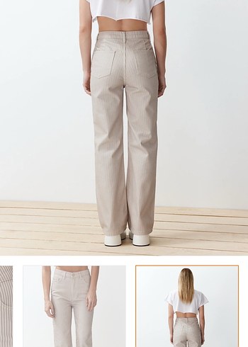 Düğmeli Çizgili Bej Kadın Jean - Görsel 3