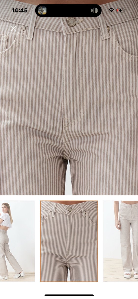 Düğmeli Çizgili Bej Kadın Jean - Görsel 2