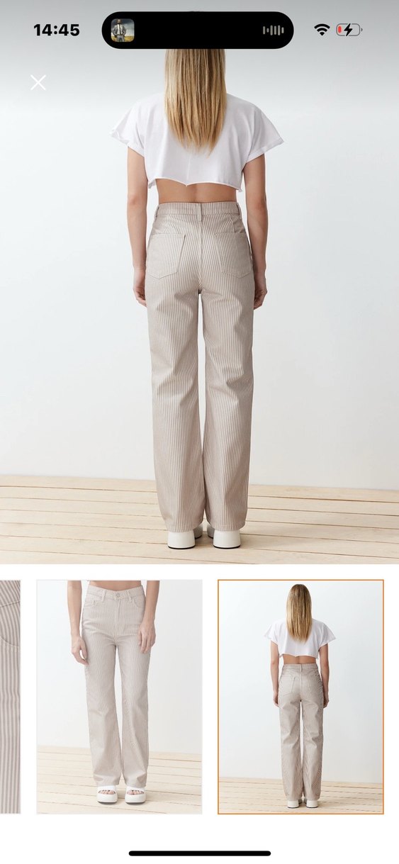 Düğmeli Çizgili Bej Kadın Jean - Görsel 3