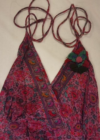 38 Beden pembe Renk Pembe Bohem Halter Yaka Bağcıklı elbise