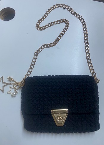 Zincir Detaylı Siyah Örgü Kadın Çanta - Görsel 3