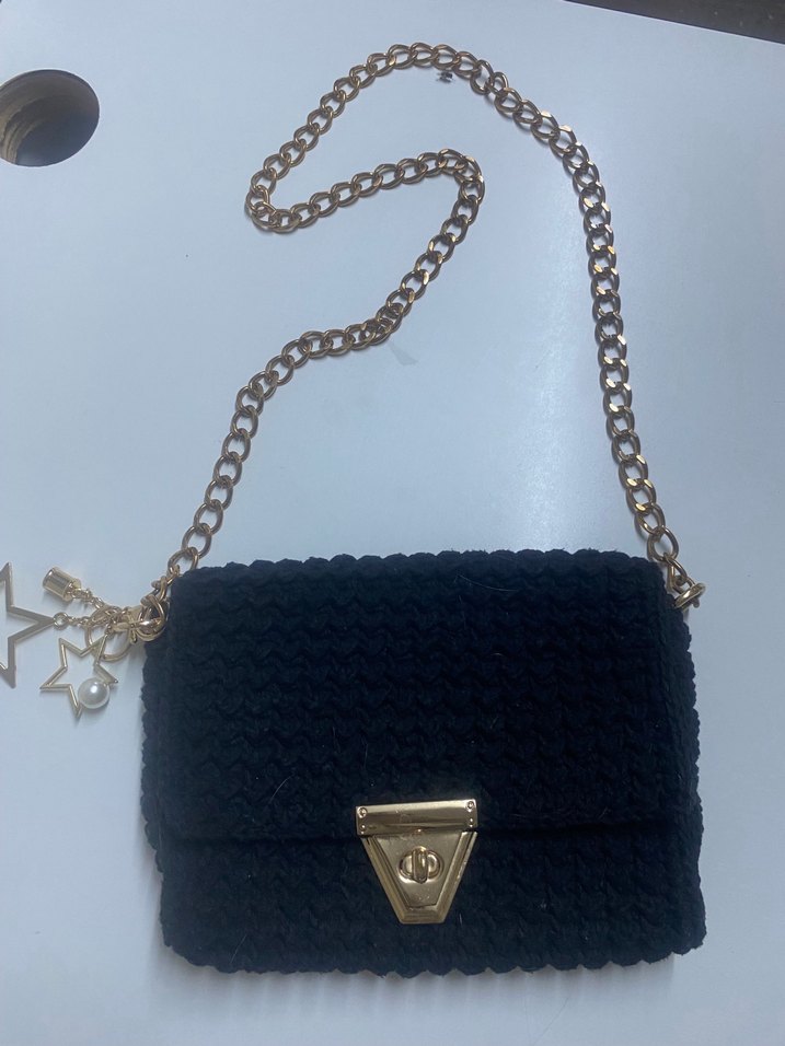 Zincir Detaylı Siyah Örgü Kadın Çanta - Görsel 2