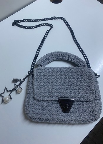 Gri Örgü Kadın Çanta Zincir Askılı - Görsel 2