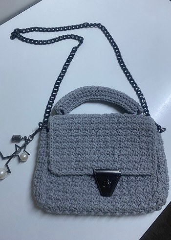 Gri Örgü Kadın Çanta Zincir Askılı - Görsel 3