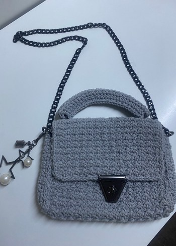 Gri Örgü Kadın Çanta Zincir Askılı - Görsel 4