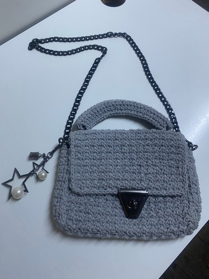 Gri Örgü Kadın Çanta Zincir Askılı - Görsel 2
