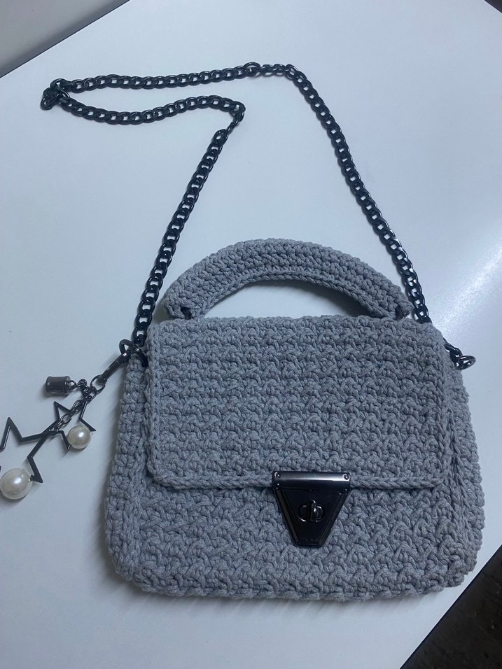 Gri Örgü Kadın Çanta Zincir Askılı - Görsel 3