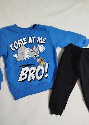 1 Yaş Beden Mavi Bebek Erkek Sweatshirt ve Siyah Pantolon Takım.