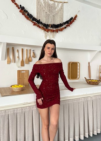 Bordo  Simli Straplez Mini Elbise - Görsel 2