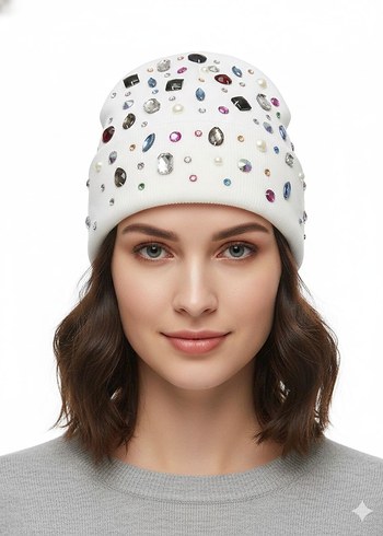 Pul İşlemeli Beyaz Kadın Bere - Görsel 2