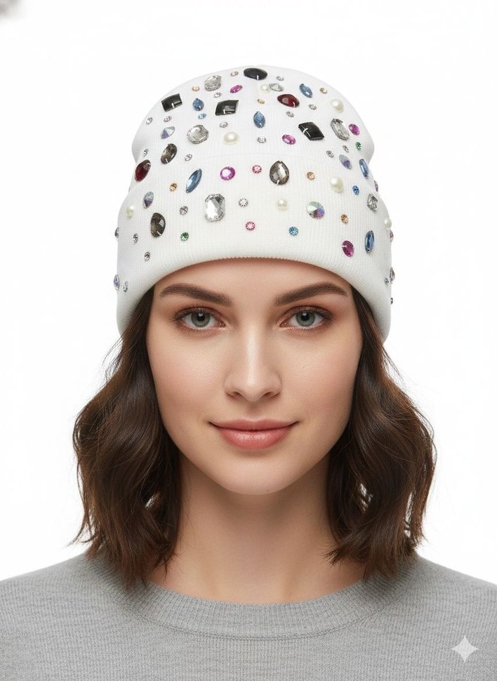 Pul İşlemeli Beyaz Kadın Bere - Görsel 2