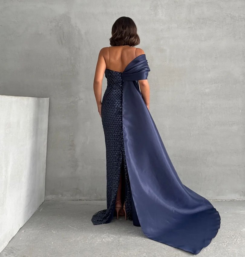 Drapeli Lacivert Uzun Abiye Elbise - Görsel 2