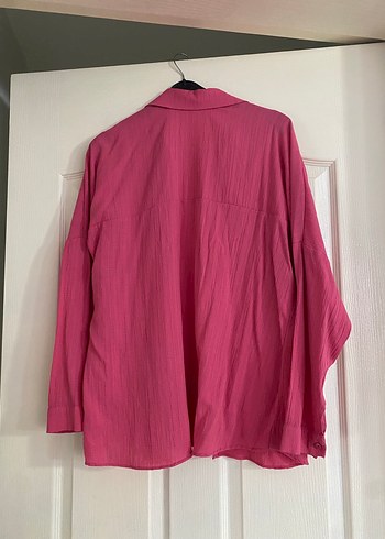 m Beden pembe Renk Düğmeli Pembe Uzun Kollu Keten Kadın Gömlek