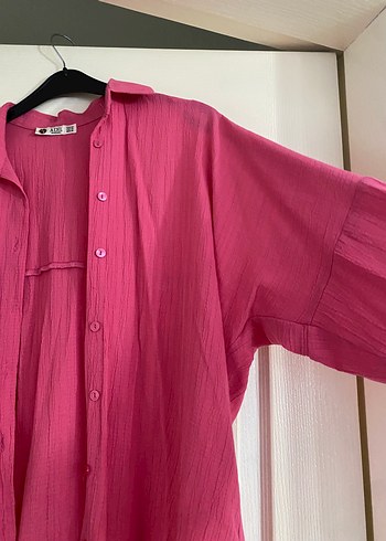 Düğmeli Pembe Uzun Kollu Keten Kadın Gömlek