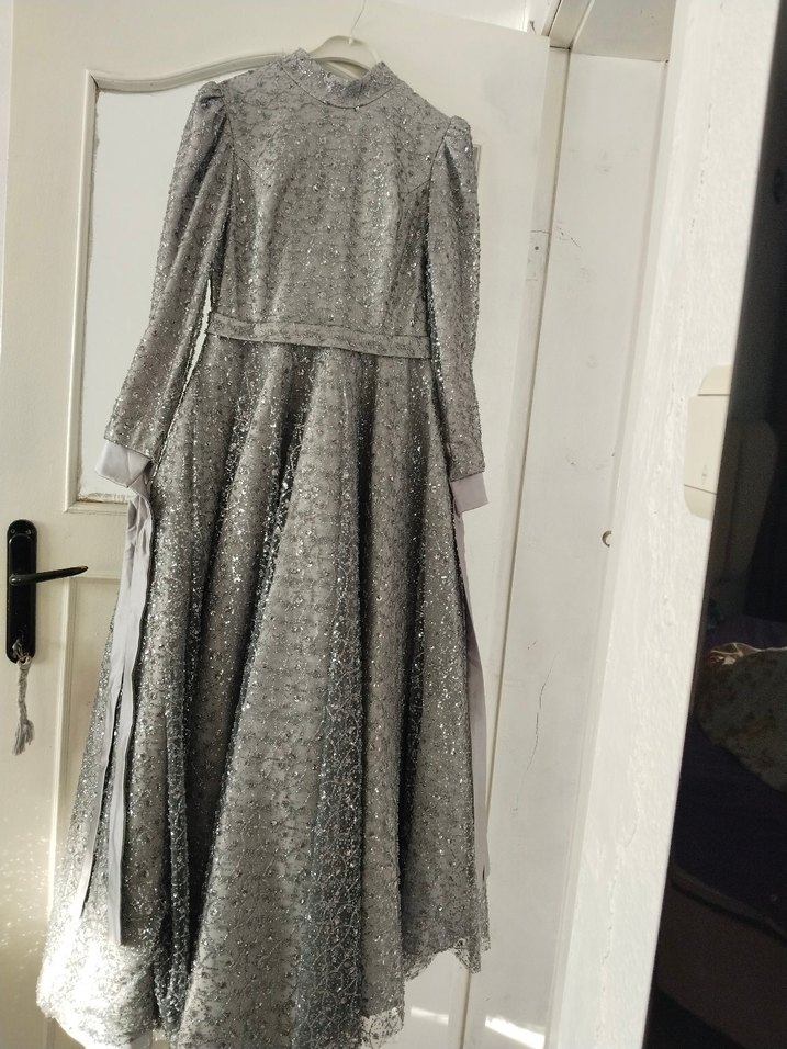 Gri Uzun Kollu Abiye Elbise - Görsel 3