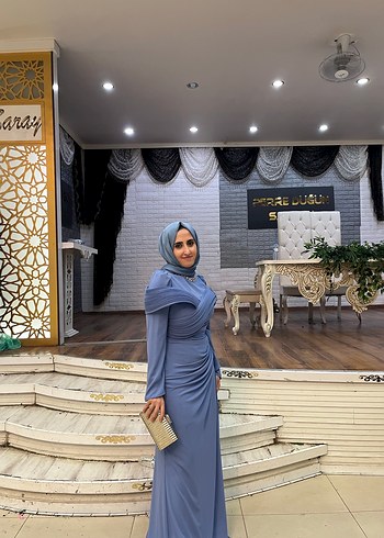 Uzun Kollu Mavi Drapeli Uzun Abiye Elbise - Görsel 2