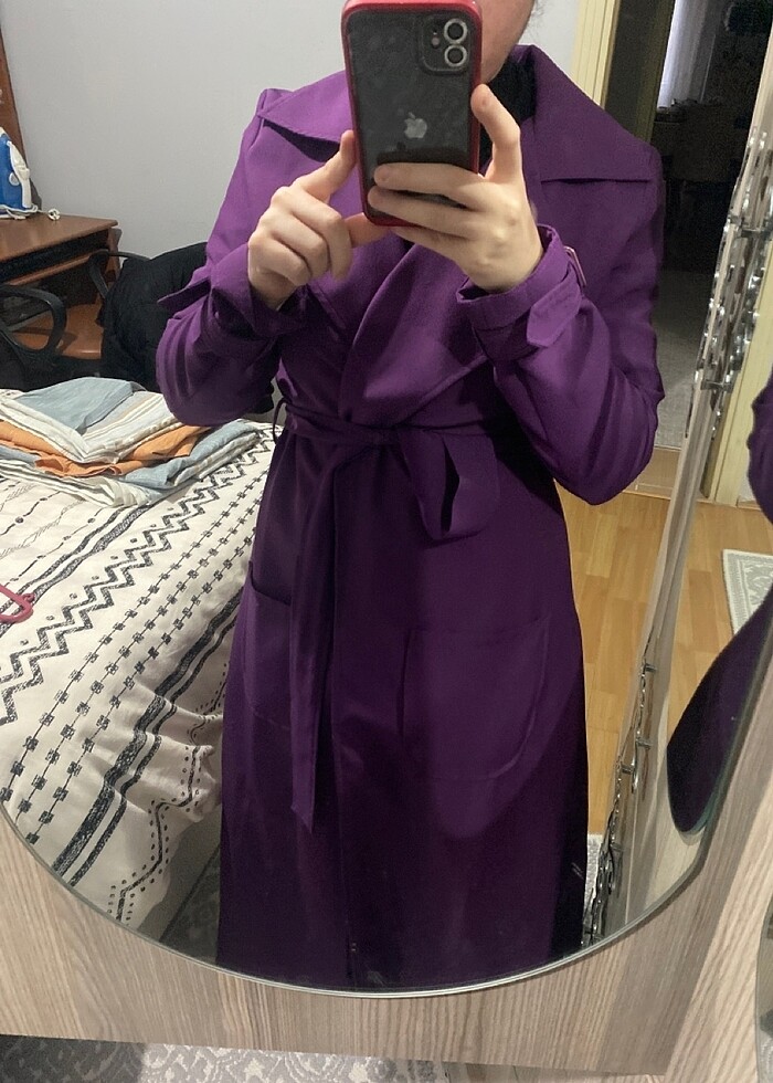 Mor renk şık trençkot - Görsel 3