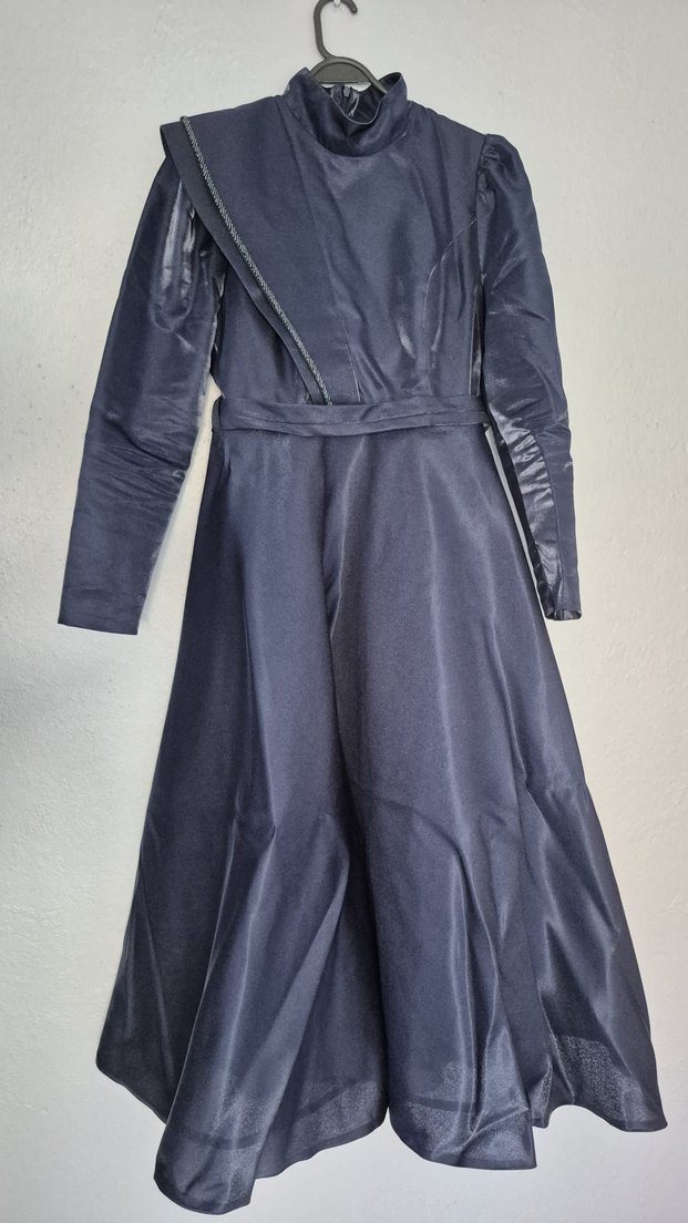 Lacivert Uzun Drapeli Kadın Elbise - Görsel 5