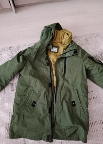 13-14 Yaş Beden haki Renk Kapüşonlu Haki Kadın Parka
