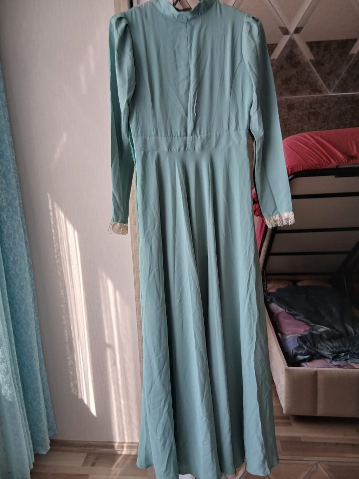 Nakışlı Uzun Turkuaz Elbise - Görsel 3