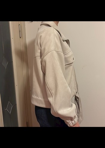 Pull and Bear Bej Süet Midi Ceket, Yüksek Yaka, Bel Detaylı