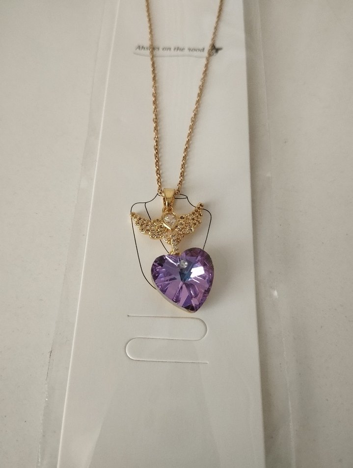 Mor Parlak Taşlı Kalp Zincir Kolye - Görsel 2