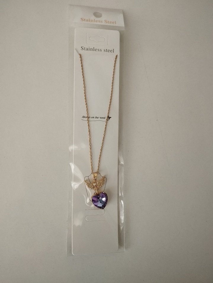 Mor Parlak Taşlı Kalp Zincir Kolye - Görsel 3