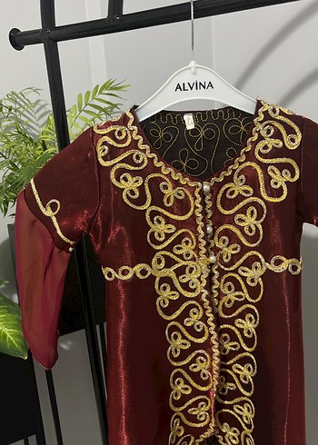 Bordo Zincir Detaylı Uzun Kollu Nakışlı kaftan - Görsel 7