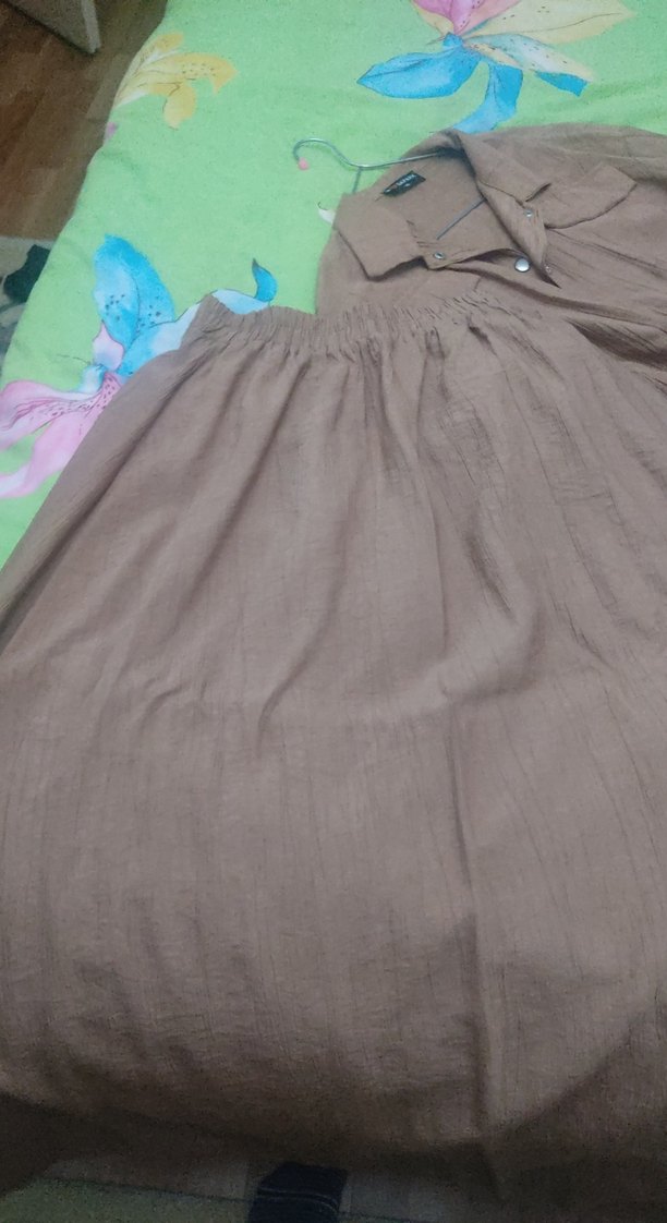 Bej Uzun Kollu Keten Kadın Gömlek etek takim - Görsel 2