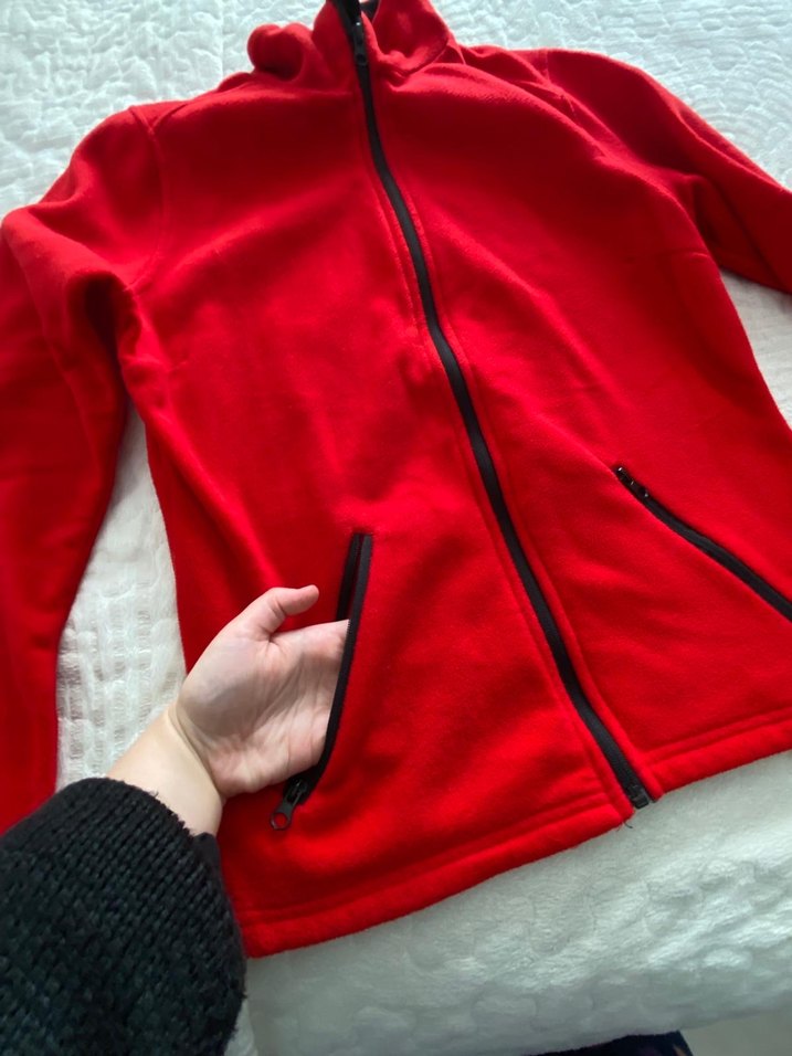 unisex Kırmızı Fermuarlı Polar Ceket - Görsel 4