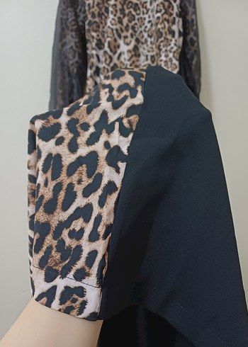 xl Beden Leopar Desenli Uzun Kol Kahverengi Elbise