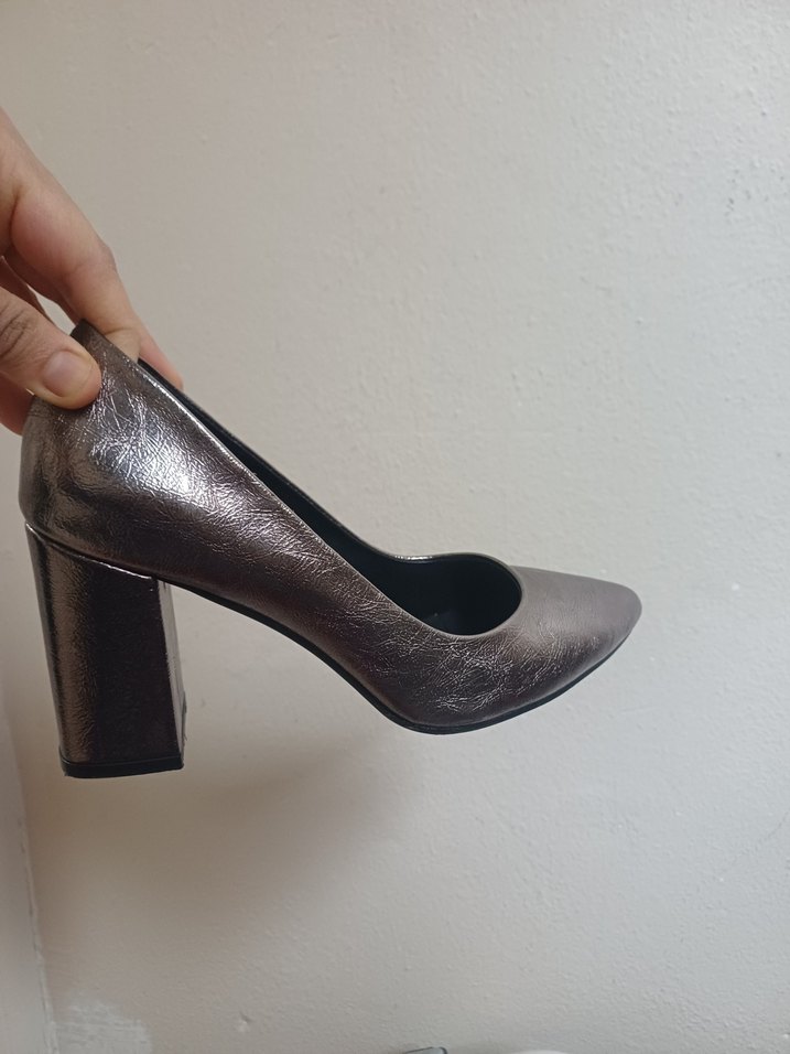 Gri Metalik Deri Topuklu Stiletto - Görsel 5