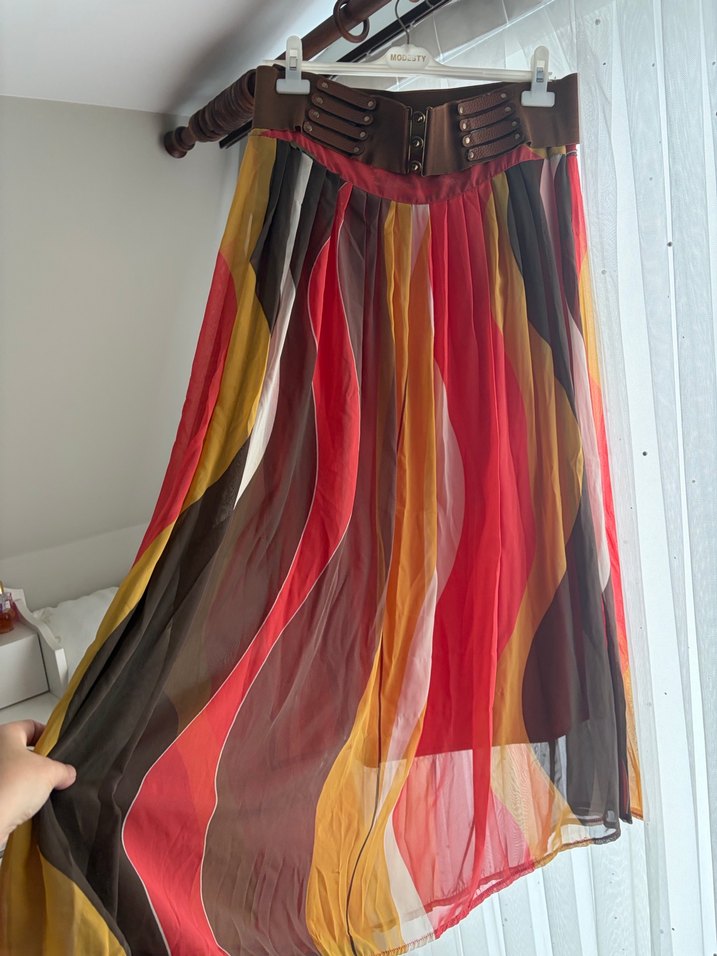 Şifon bayan Renkli Pilili Uzun Bohem Kadın Etek - Görsel 2