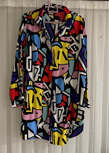 Renkli Soyut Desenli Uzun Kadın Gömlek tunik - Görsel 2