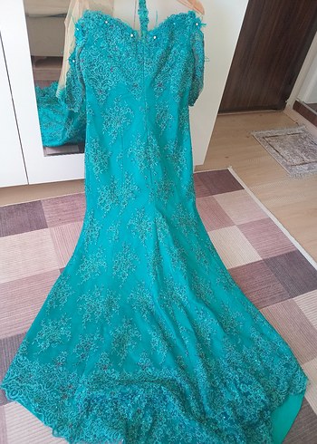 Turkuaz İşlemeli Payetli Uzun Abiye Elbise - Görsel 5