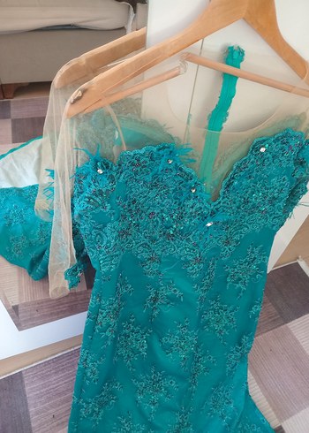 Turkuaz İşlemeli Payetli Uzun Abiye Elbise - Görsel 4