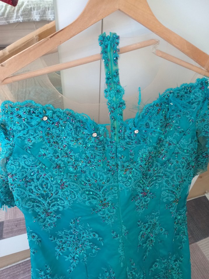Turkuaz İşlemeli Payetli Uzun Abiye Elbise - Görsel 2