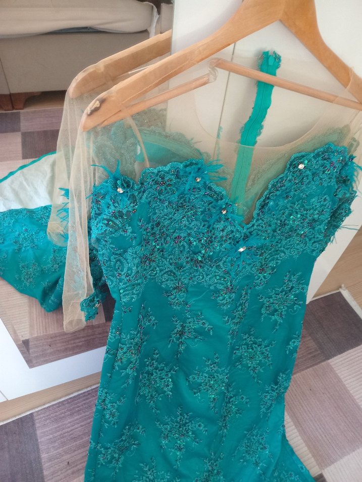 Turkuaz İşlemeli Payetli Uzun Abiye Elbise - Görsel 4