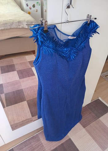 Mavi V Yaka Kolsuz Mini Triko Elbise - Görsel 5