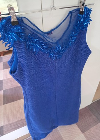 Mavi V Yaka Kolsuz Mini Triko Elbise - Görsel 2