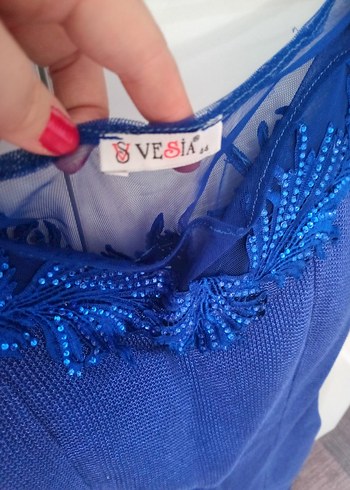 Mavi V Yaka Kolsuz Mini Triko Elbise - Görsel 3