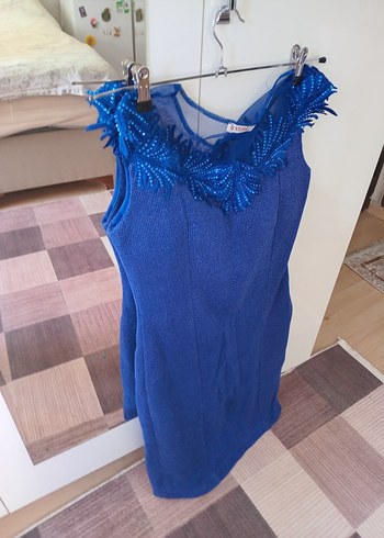 Mavi V Yaka Kolsuz Mini Triko Elbise - Görsel 4